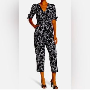 Calvin Klein Black and White Floral Tulip Sleeve Jumpsuit